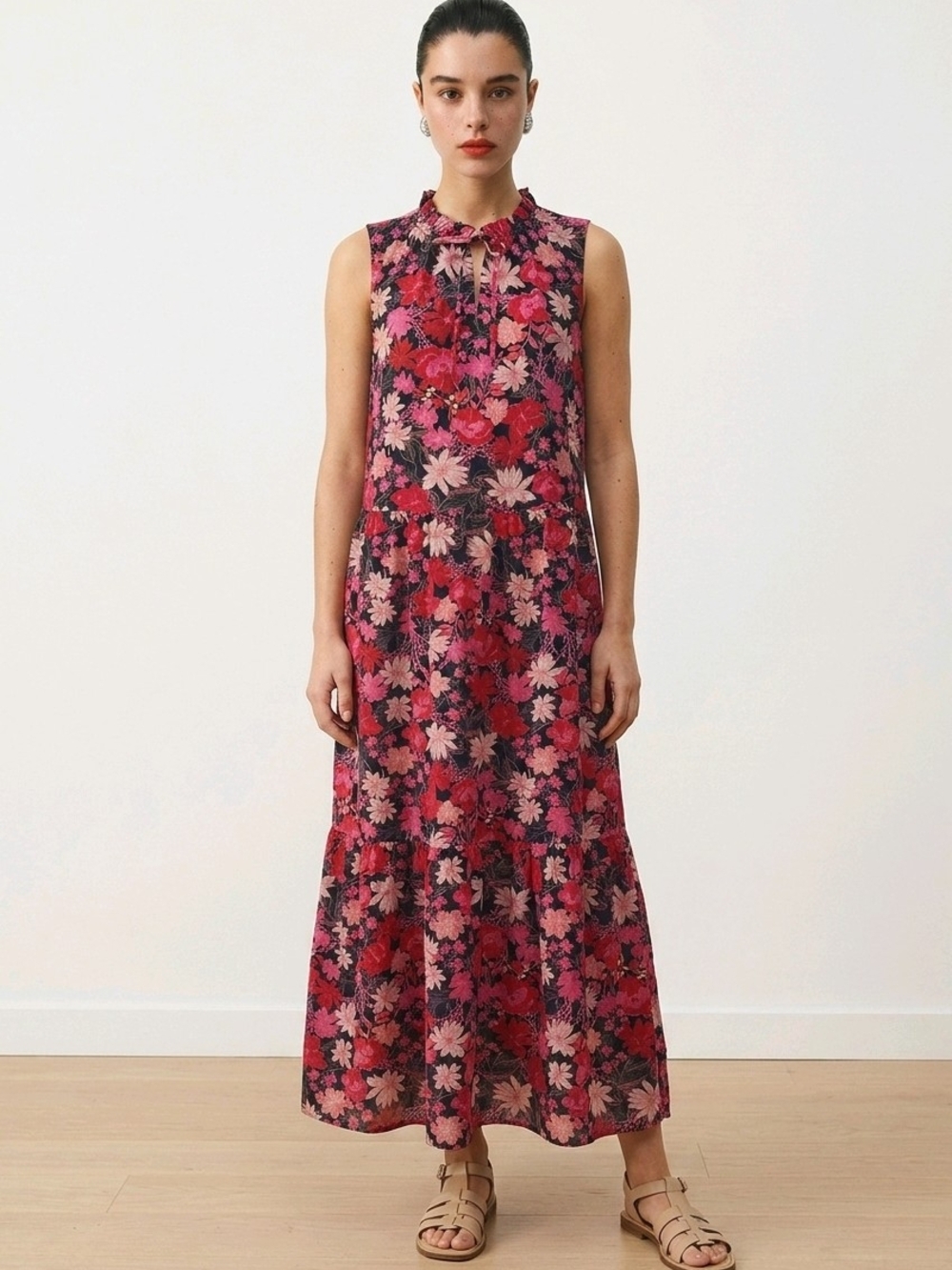 Sugarlips Sleeveless Floral Maxi Dress in Pink and Red With Navy Background